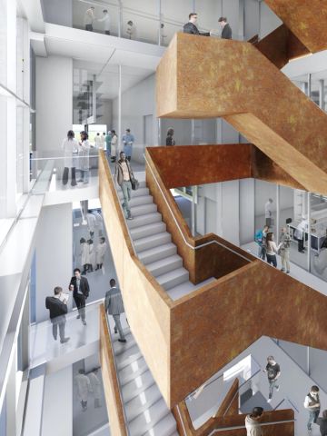 Artist's impression of inside of building showing light-filled atrium with staircase leading to various floors containing labs and offices.