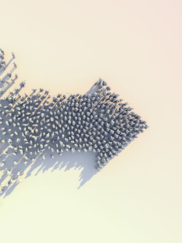 Aerial view of people coming together to form an arrow shape pointing right