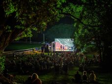 View of an outdoor night performance seen through a space in trees with the audience looking at a small stage with a projected image as the backdrop.