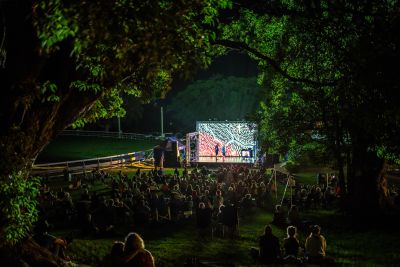 View of an outdoor night performance seen through a space in trees with the audience looking at a small stage with a projected image as the backdrop.