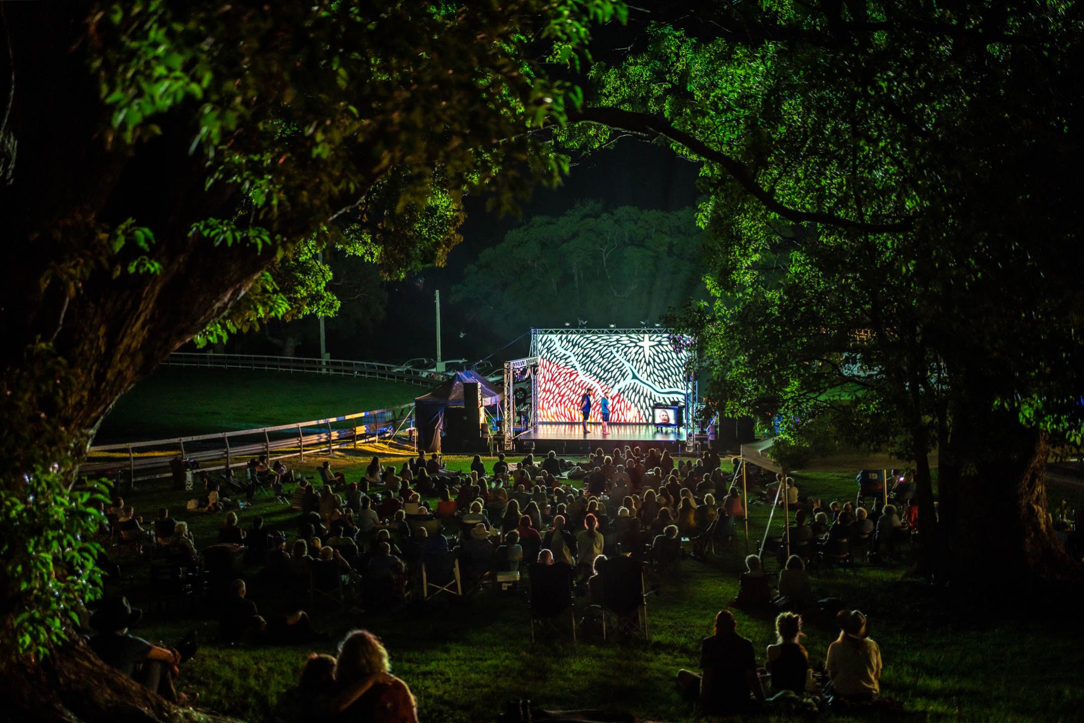 View of an outdoor night performance seen through a space in trees with the audience looking at a small stage with a projected image as the backdrop.