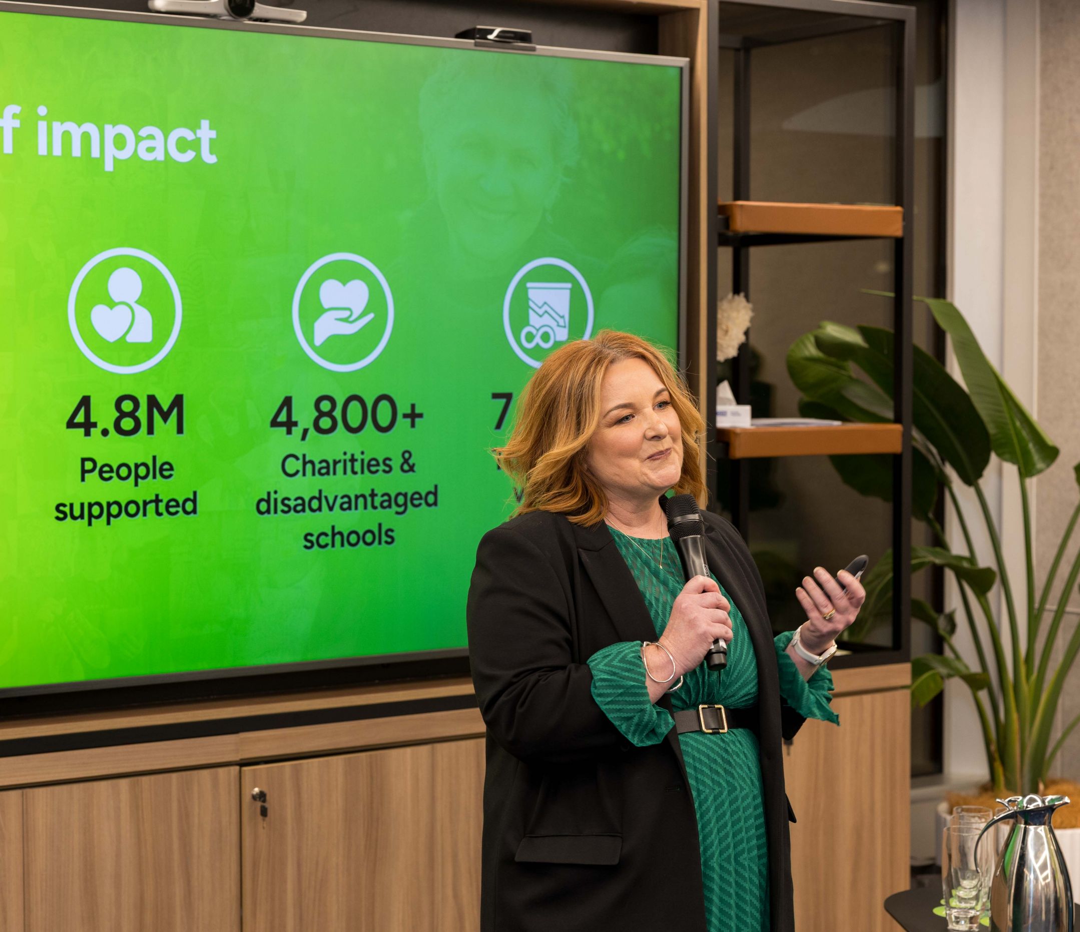 Middle-aged woman holding a microphone in front of a screen showing impact data (contained in post).