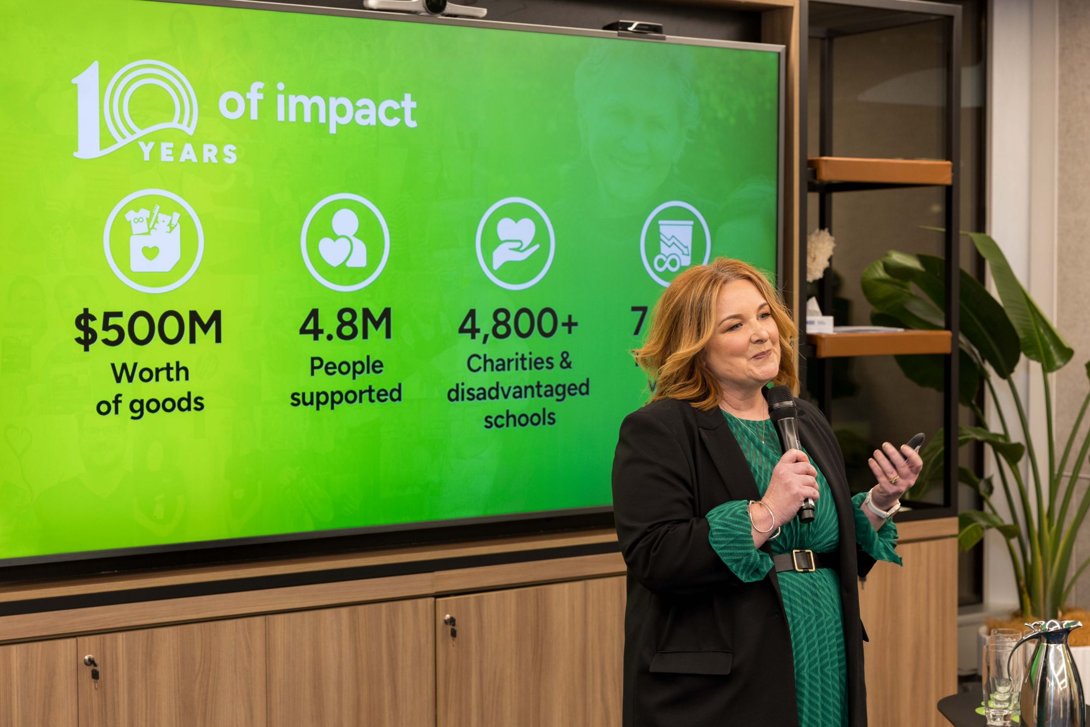 Middle-aged woman holding a microphone in front of a screen showing impact data (contained in post).