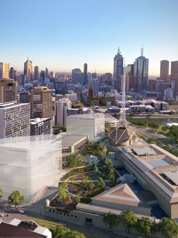 Aerial view of Melbourne skyline with proposed new NGV Contemporary building in foreground next to Arts Centre spire