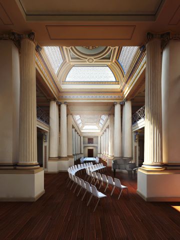 Ornate high-ceilinged hall with large classical pillars on either side